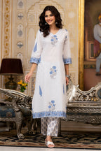 White Cotton Mughal Block Printed Kurta Pant Set With Dupatta Bada Boota