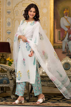 White Cotton Mughal Block Printed Kurta Pant Set With Dupatta Bada Boota