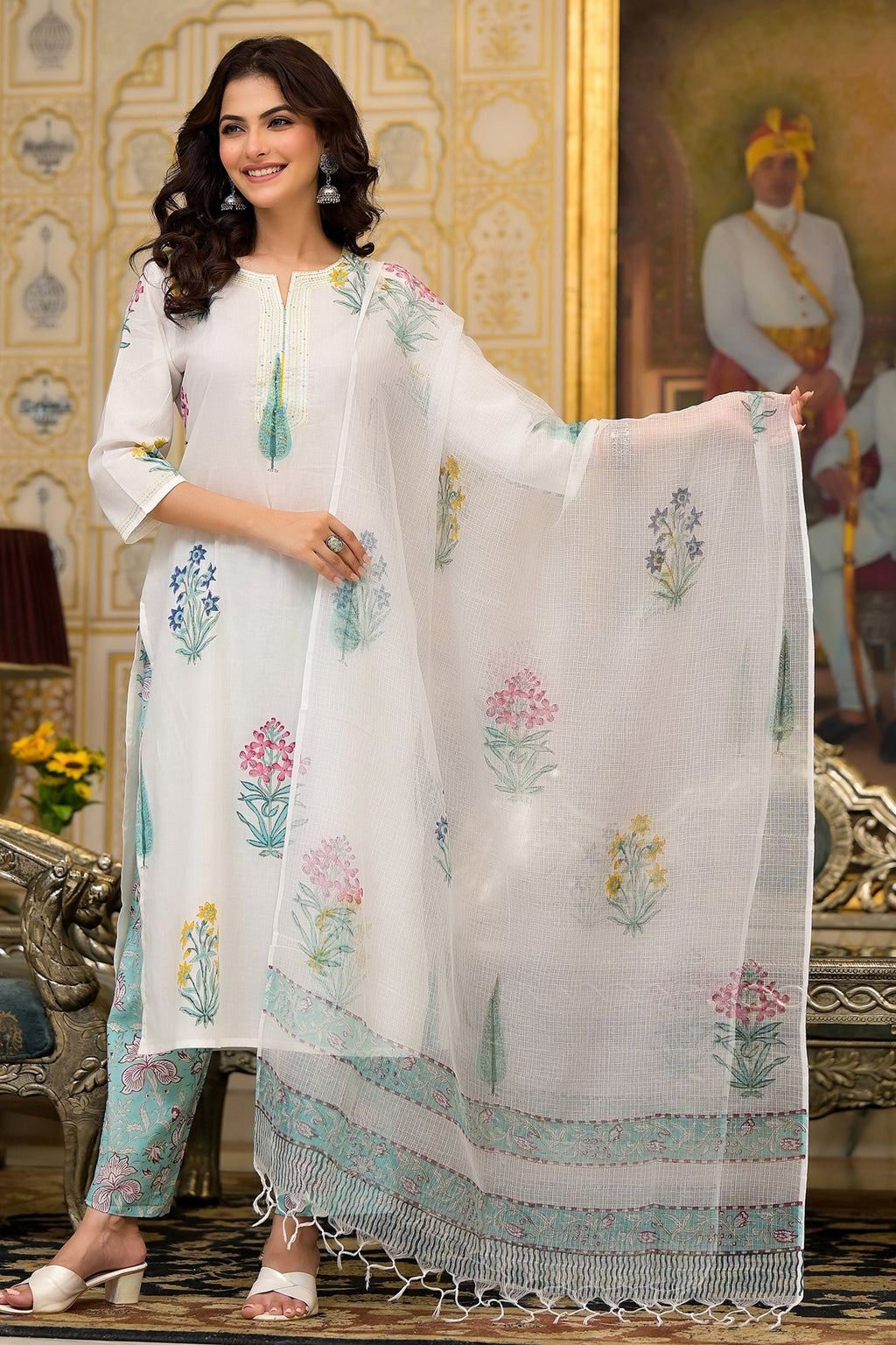 White Cotton Mughal Block Printed Kurta Pant Set With Dupatta Bada Boota