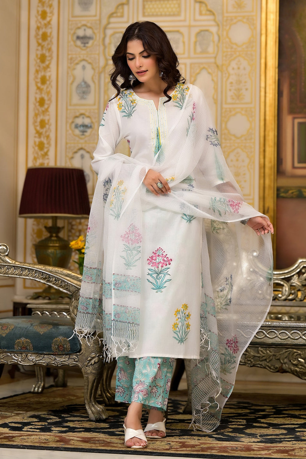 White Cotton Mughal Block Printed Kurta Pant Set With Dupatta Bada Boota