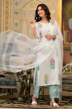 White Cotton Mughal Block Printed Kurta Pant Set With Dupatta Bada Boota