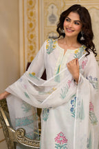 White Cotton Mughal Block Printed Kurta Pant Set With Dupatta Bada Boota