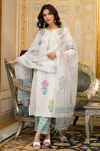 White Cotton Mughal Block Printed Kurta Pant Set With Dupatta Bada Boota