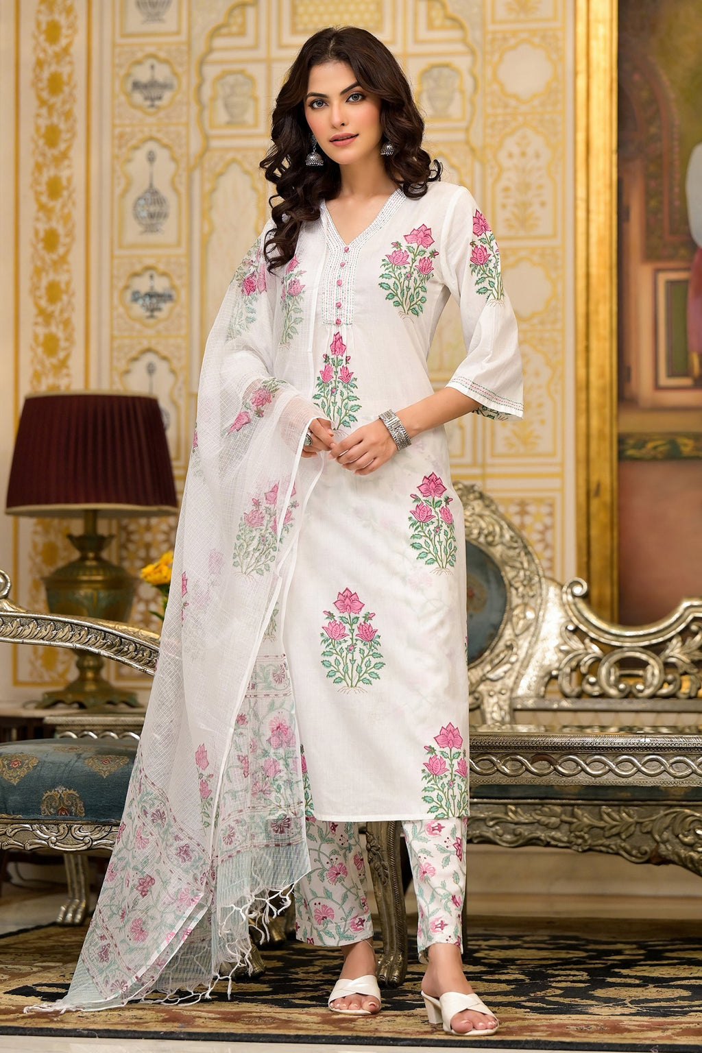 White Cotton Mughal Block Printed Kurta Pant Set With Dupatta Bada Boota