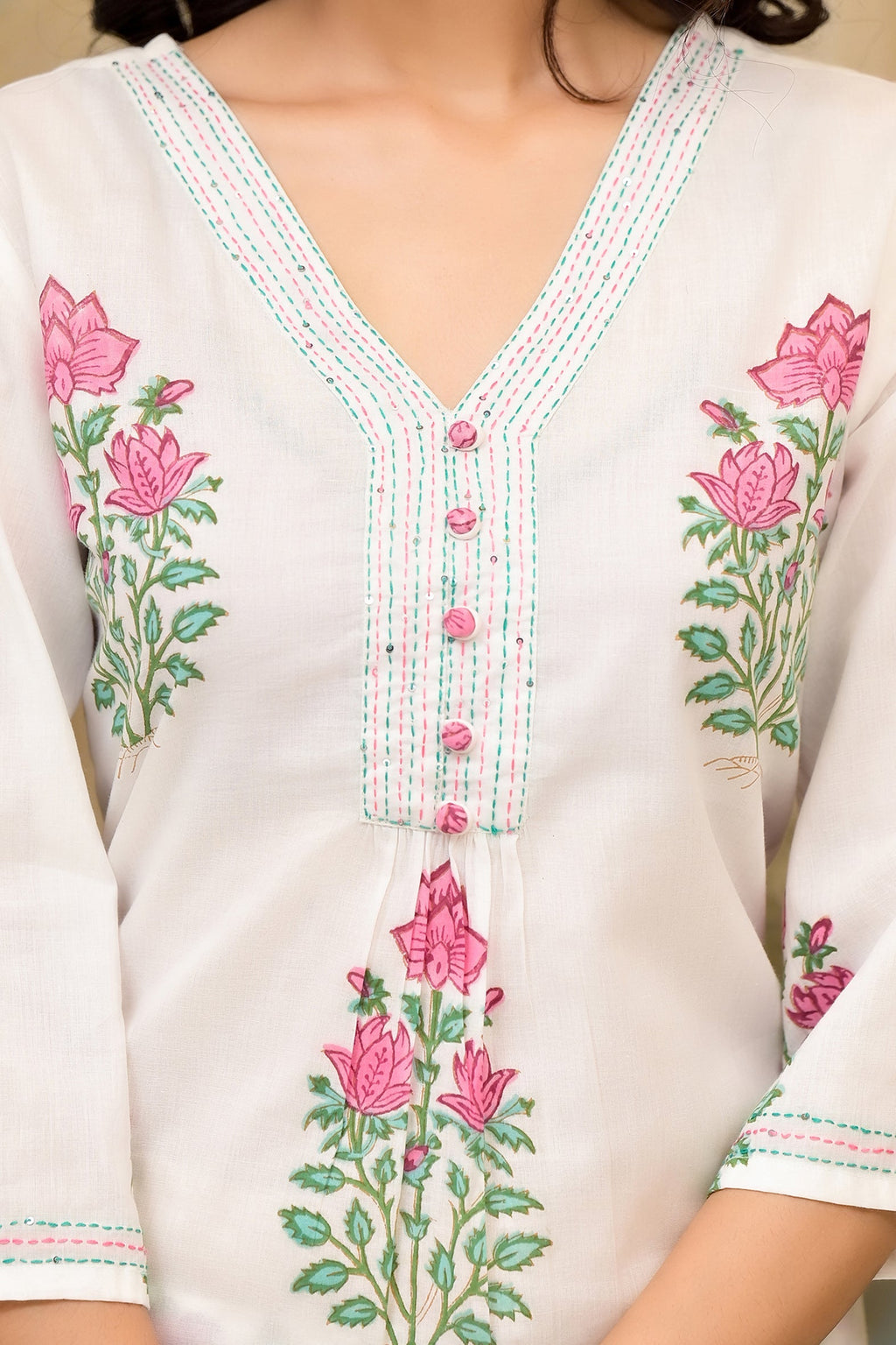 White Cotton Mughal Block Printed Kurta Pant Set With Dupatta Bada Boota