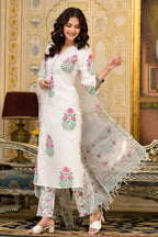 White Cotton Mughal Block Printed Kurta Pant Set With Dupatta Bada Boota