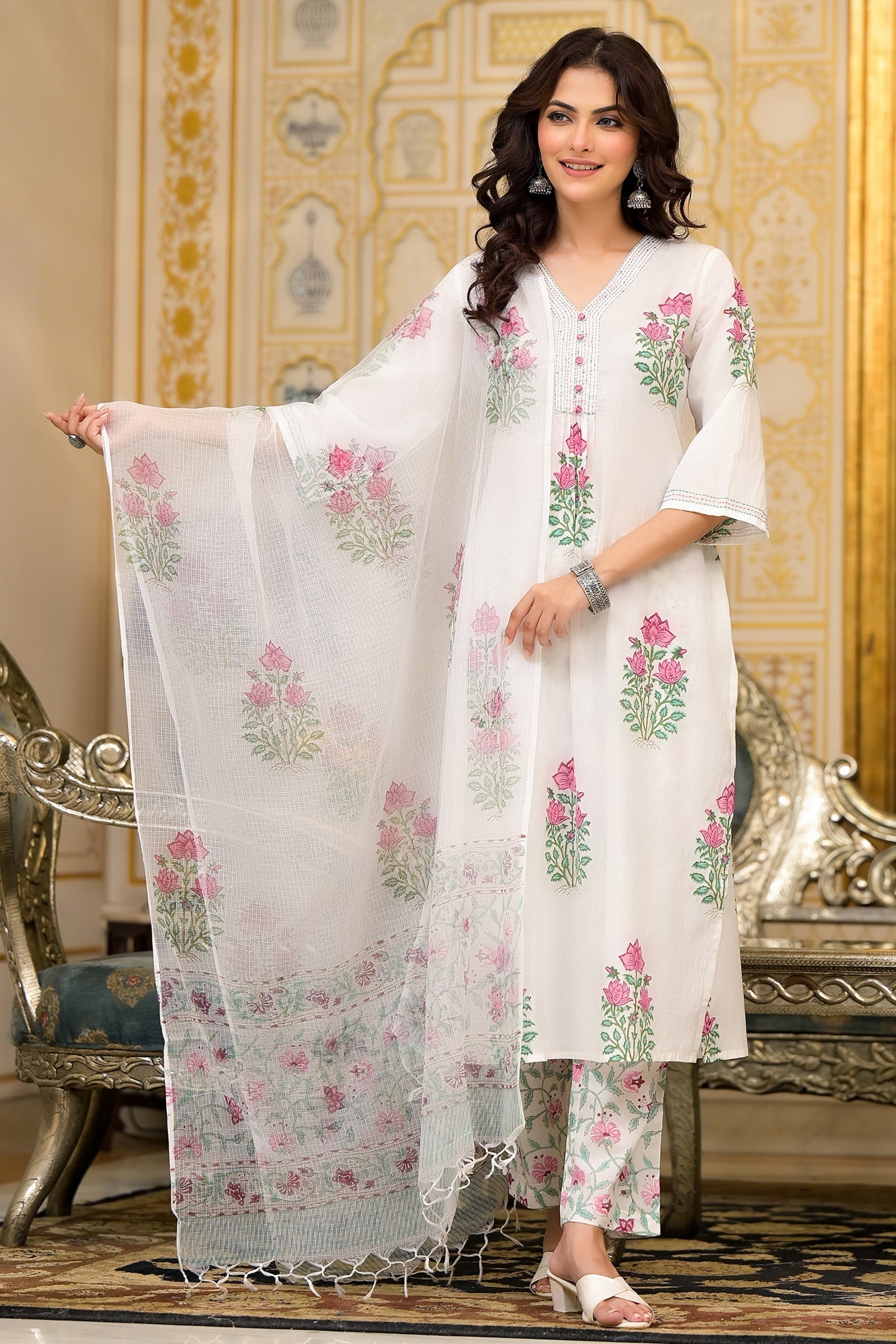 White Cotton Mughal Block Printed Kurta Pant Set With Dupatta Bada Boota