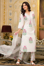 White Cotton Mughal Block Printed Kurta Pant Set With Dupatta Bada Boota