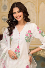 White Cotton Mughal Block Printed Kurta Pant Set With Dupatta Bada Boota