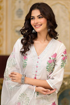 White Cotton Mughal Block Printed Kurta Pant Set With Dupatta Bada Boota