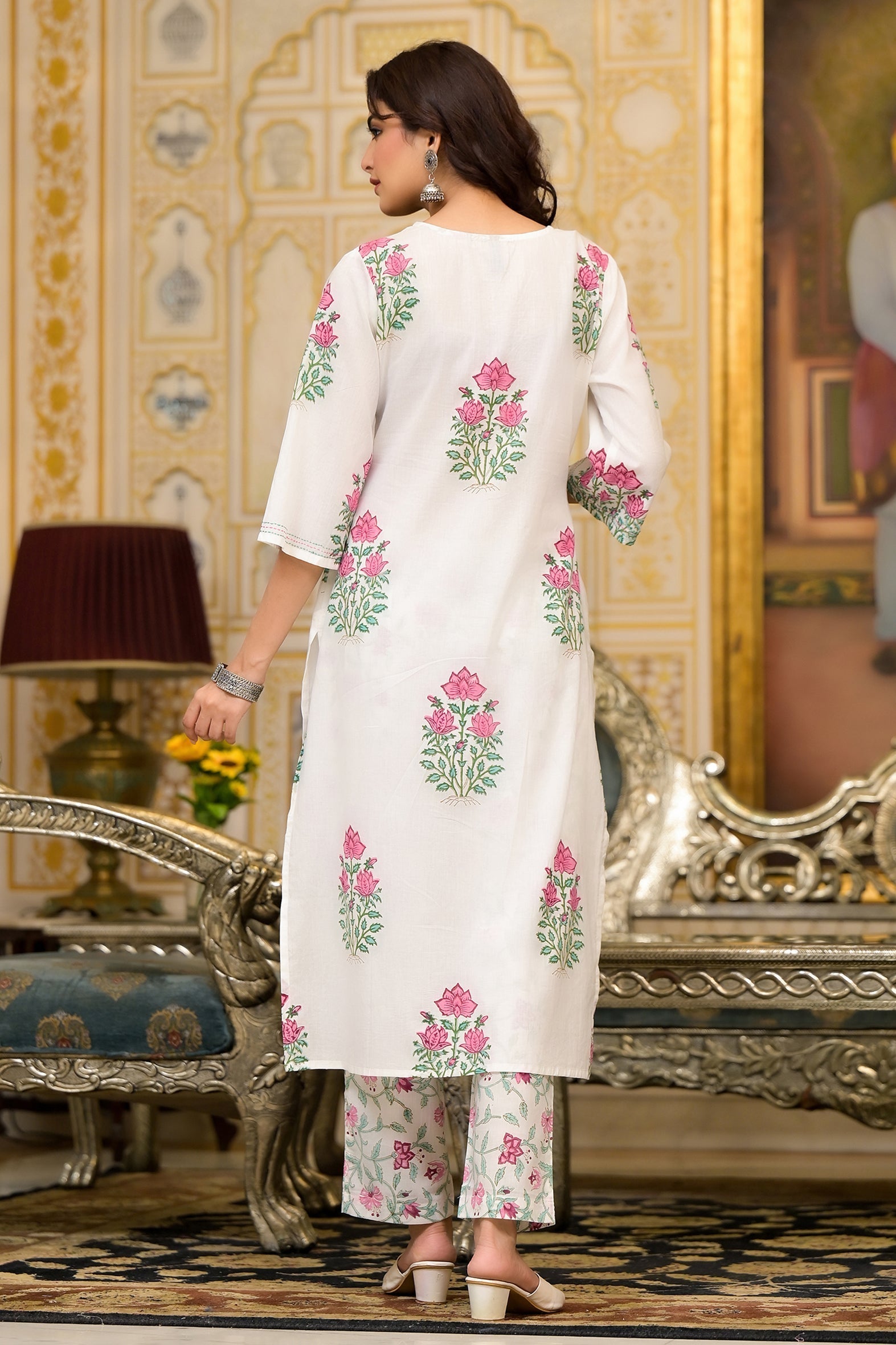 White Cotton Mughal Block Printed Kurta Pant Set With Dupatta Bada Boota