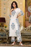 White Cotton Mughal Block Printed Kurta Pant Set With Dupatta Bada Boota