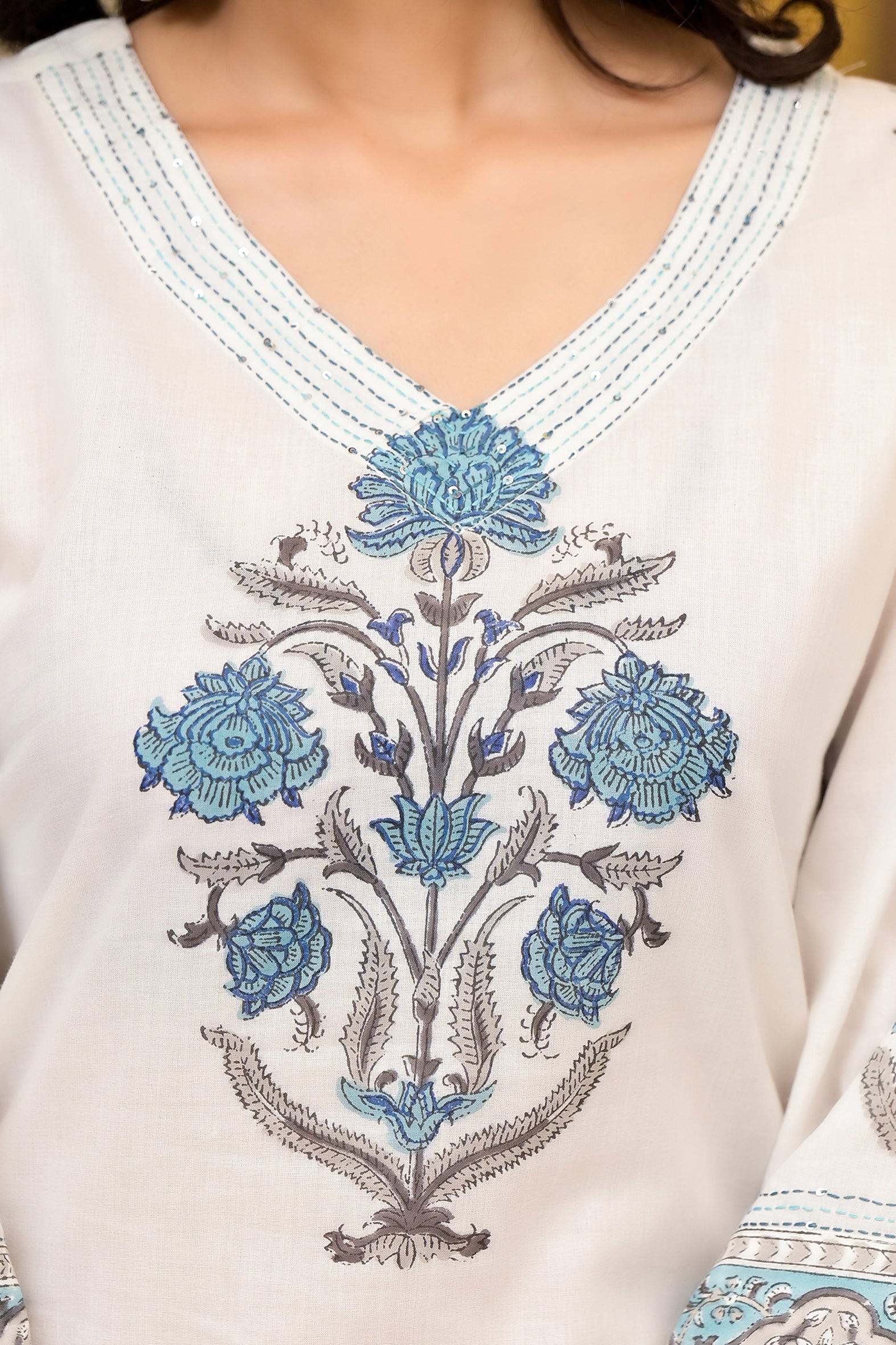 White Cotton Mughal Block Printed Kurta Pant Set With Dupatta Bada Boota