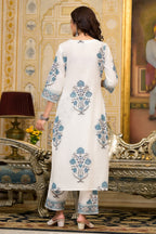 White Cotton Mughal Block Printed Kurta Pant Set With Dupatta Bada Boota