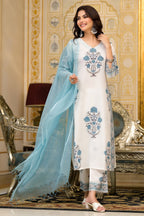 White Cotton Mughal Block Printed Kurta Pant Set With Dupatta Bada Boota