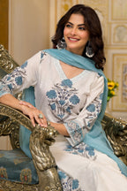 White Cotton Mughal Block Printed Kurta Pant Set With Dupatta Bada Boota