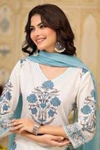 White Cotton Mughal Block Printed Kurta Pant Set With Dupatta Bada Boota