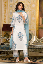 White Cotton Mughal Block Printed Kurta Pant Set With Dupatta Bada Boota