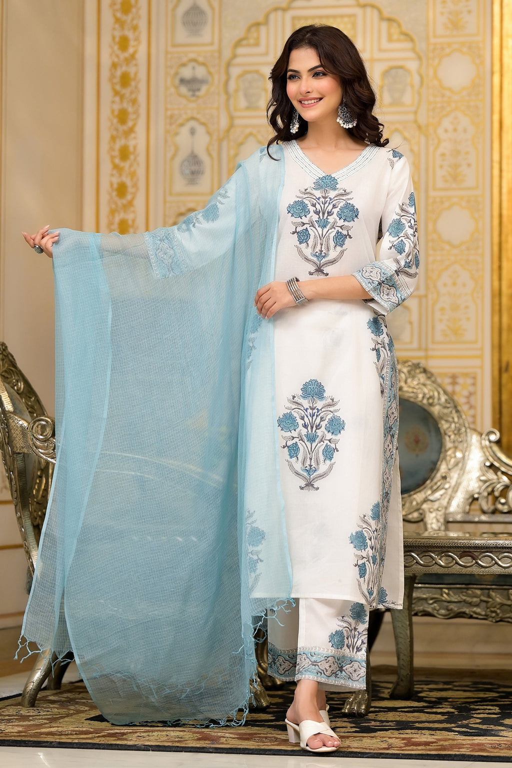 White Cotton Mughal Block Printed Kurta Pant Set With Dupatta Bada Boota