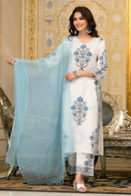 White Cotton Mughal Block Printed Kurta Pant Set With Dupatta Bada Boota