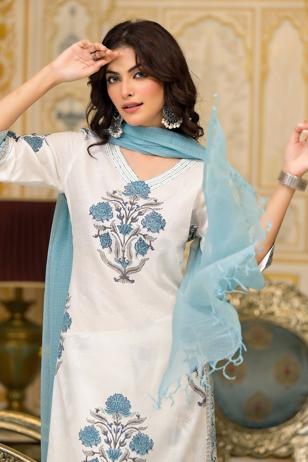 White Cotton Mughal Block Printed Kurta Pant Set With Dupatta Bada Boota