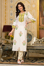 White Cotton Mughal Block Printed Kurta Pant Set With Dupatta Bada Boota
