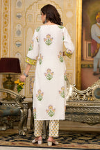 White Cotton Mughal Block Printed Kurta Pant Set With Dupatta Bada Boota