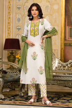 White Cotton Mughal Block Printed Kurta Pant Set With Dupatta Bada Boota