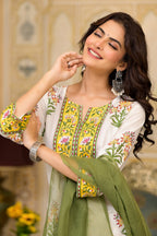 White Cotton Mughal Block Printed Kurta Pant Set With Dupatta Bada Boota