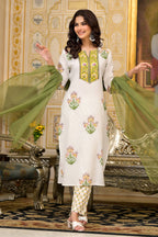 White Cotton Mughal Block Printed Kurta Pant Set With Dupatta Bada Boota