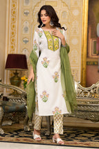 White Cotton Mughal Block Printed Kurta Pant Set With Dupatta Bada Boota