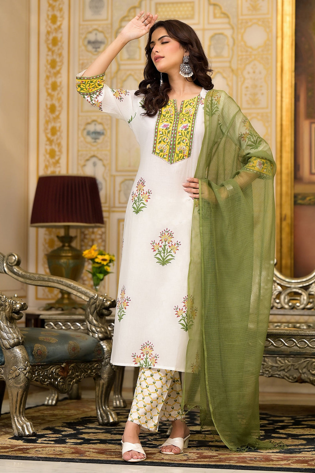 White Cotton Mughal Block Printed Kurta Pant Set With Dupatta Bada Boota