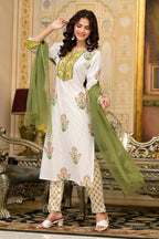 White Cotton Mughal Block Printed Kurta Pant Set With Dupatta Bada Boota