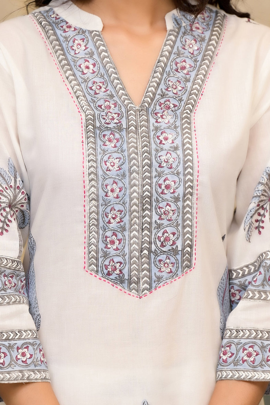 White Cotton Mughal Block Printed Kurta Pant Set With Dupatta Bada Boota