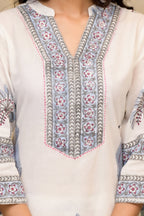 White Cotton Mughal Block Printed Kurta Pant Set With Dupatta Bada Boota
