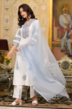 White Cotton Mughal Block Printed Kurta Pant Set With Dupatta Bada Boota