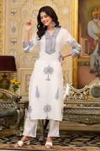 White Cotton Mughal Block Printed Kurta Pant Set With Dupatta Bada Boota