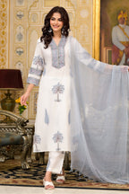 White Cotton Mughal Block Printed Kurta Pant Set With Dupatta Bada Boota