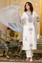 White Cotton Mughal Block Printed Kurta Pant Set With Dupatta Bada Boota