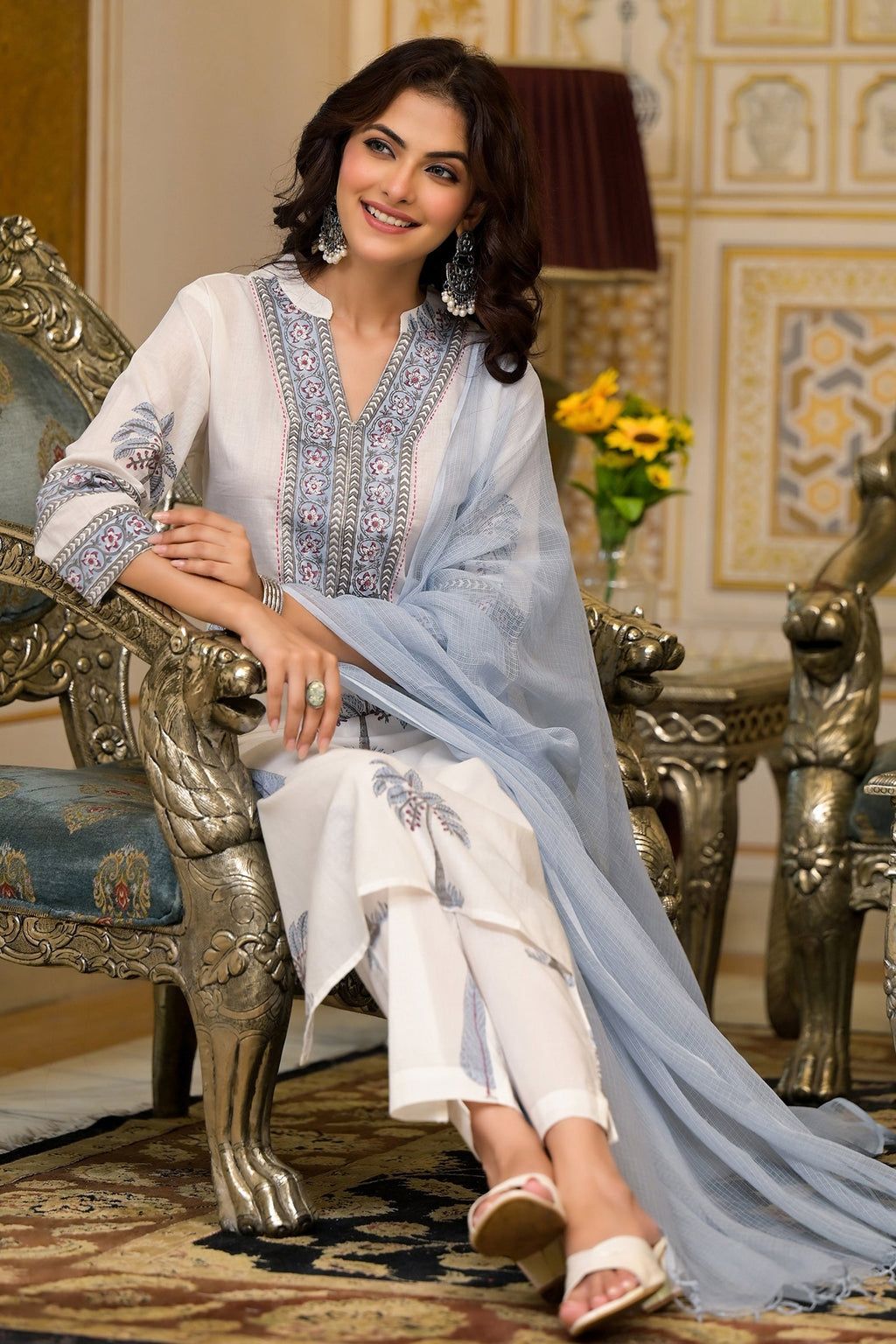 White Cotton Mughal Block Printed Kurta Pant Set With Dupatta Bada Boota