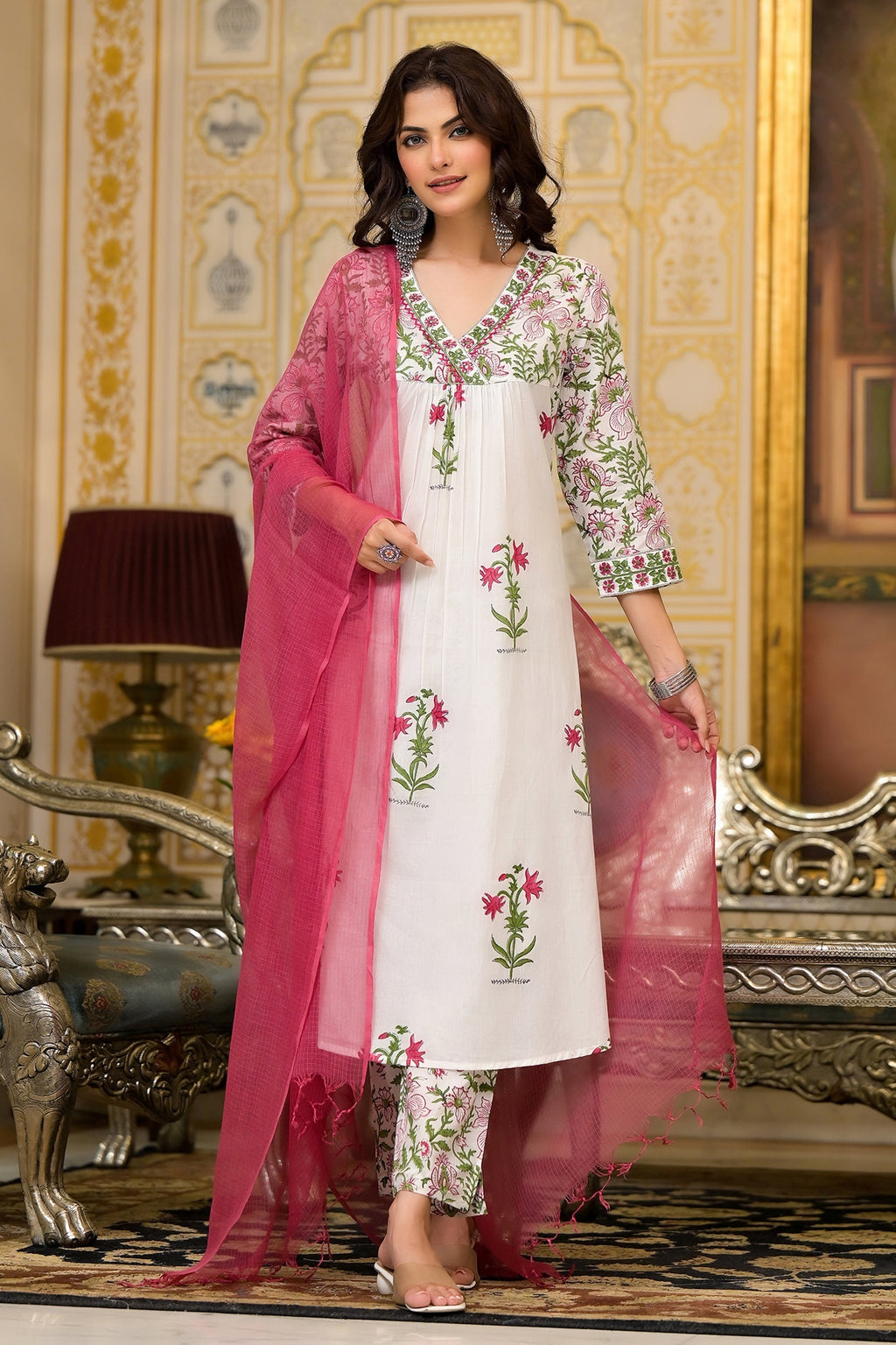 White Cotton Mughal Block Printed Kurta Pant Set With Dupatta Bada Boota