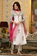 White Cotton Mughal Block Printed Kurta Pant Set With Dupatta Bada Boota