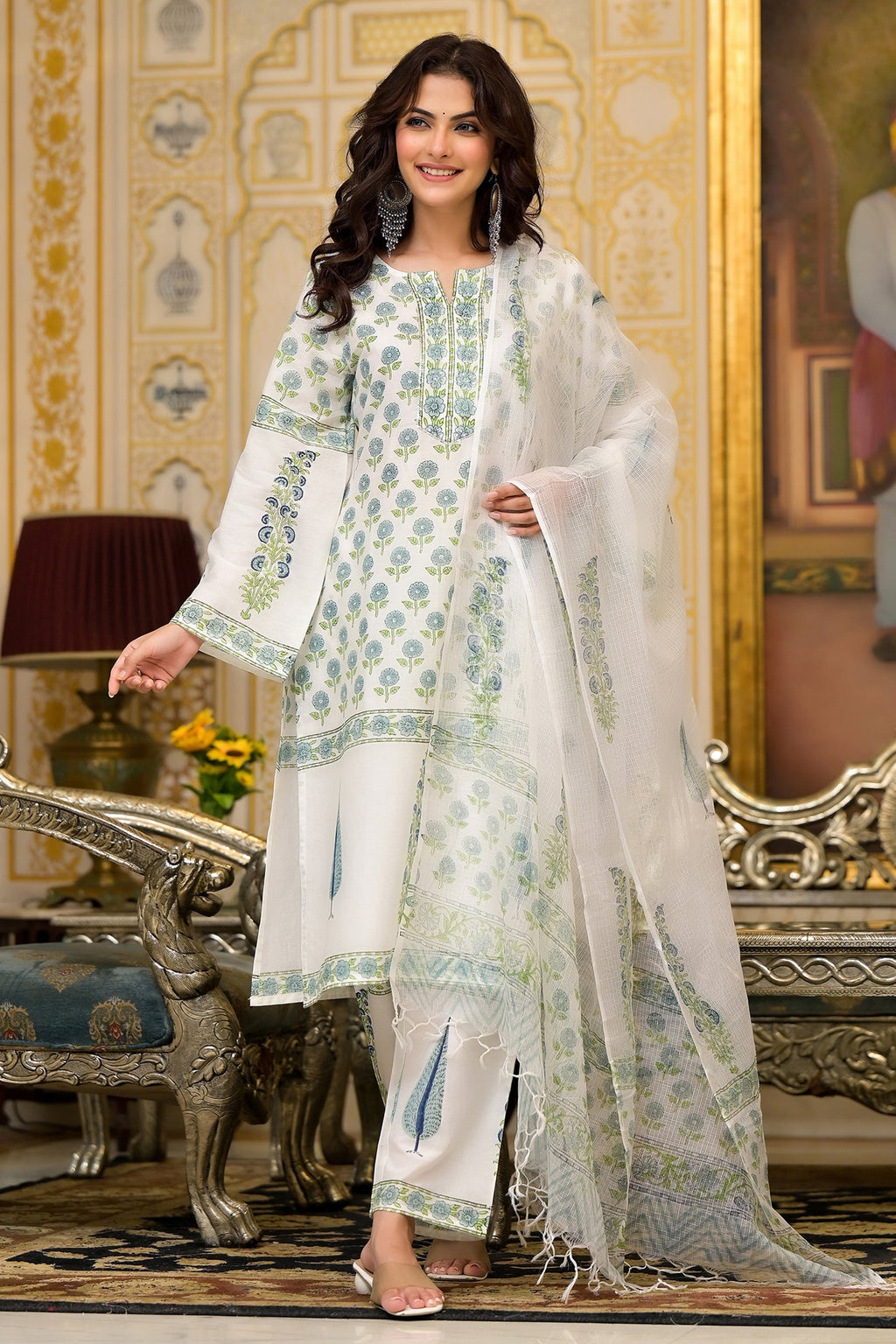 White Cotton Mughal Block Printed Kurta Pant Set With Dupatta Bada Boota