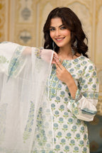 White Cotton Mughal Block Printed Kurta Pant Set With Dupatta Bada Boota