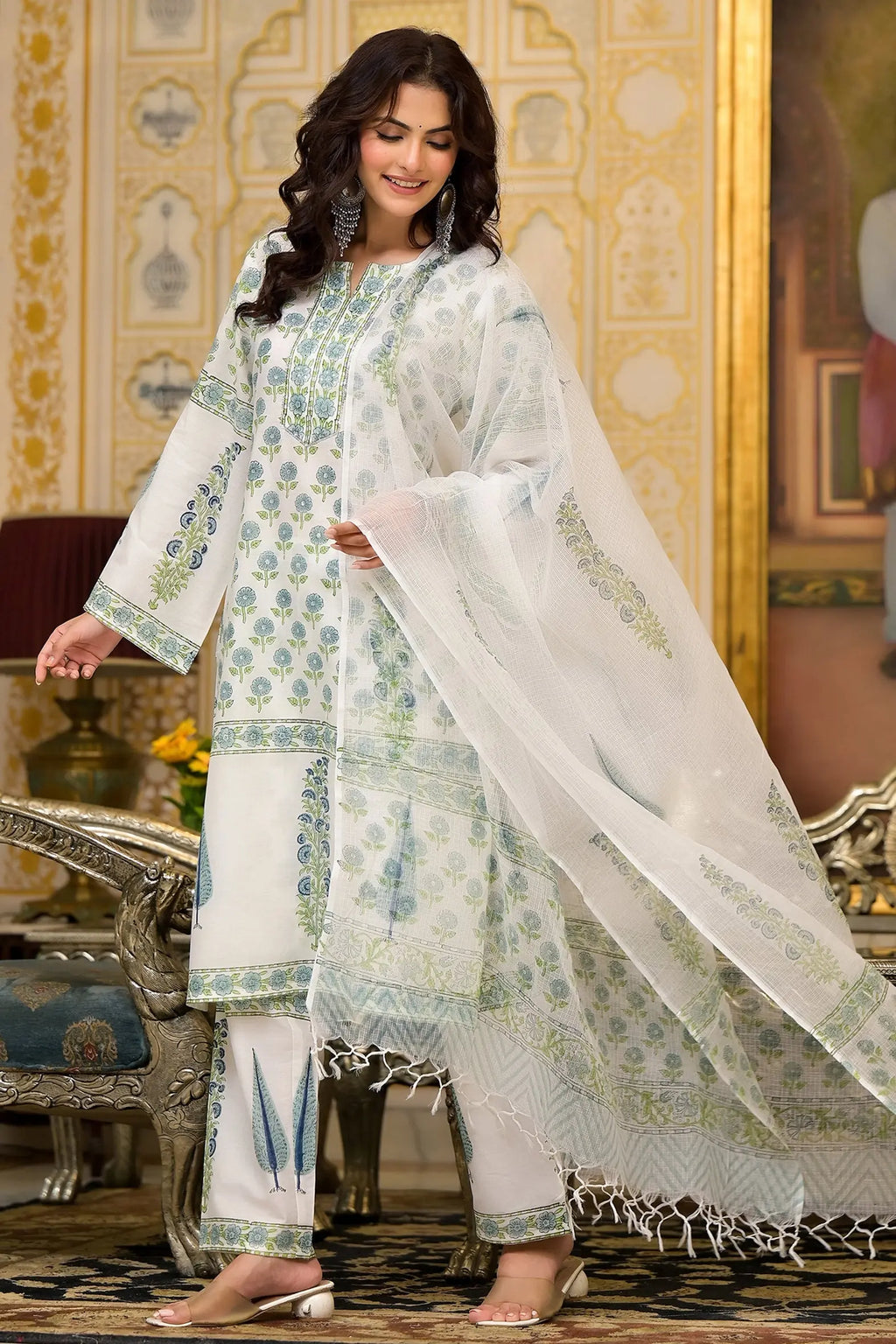 White Cotton Mughal Block Printed Kurta Pant Set With Dupatta Bada Boota