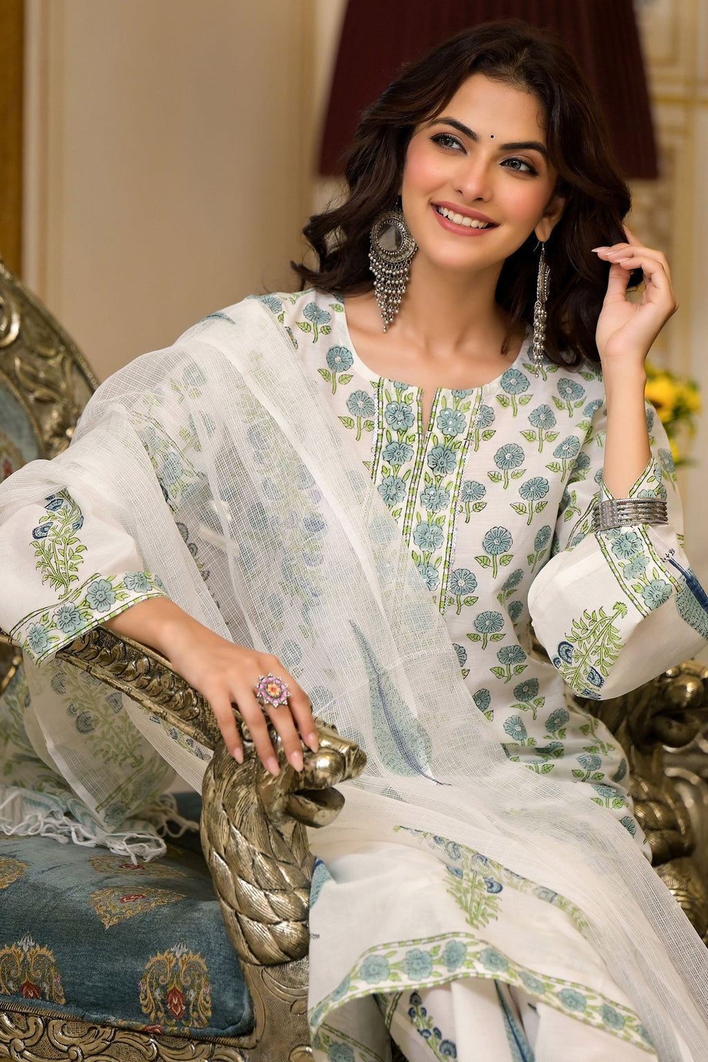 White Cotton Mughal Block Printed Kurta Pant Set With Dupatta Bada Boota