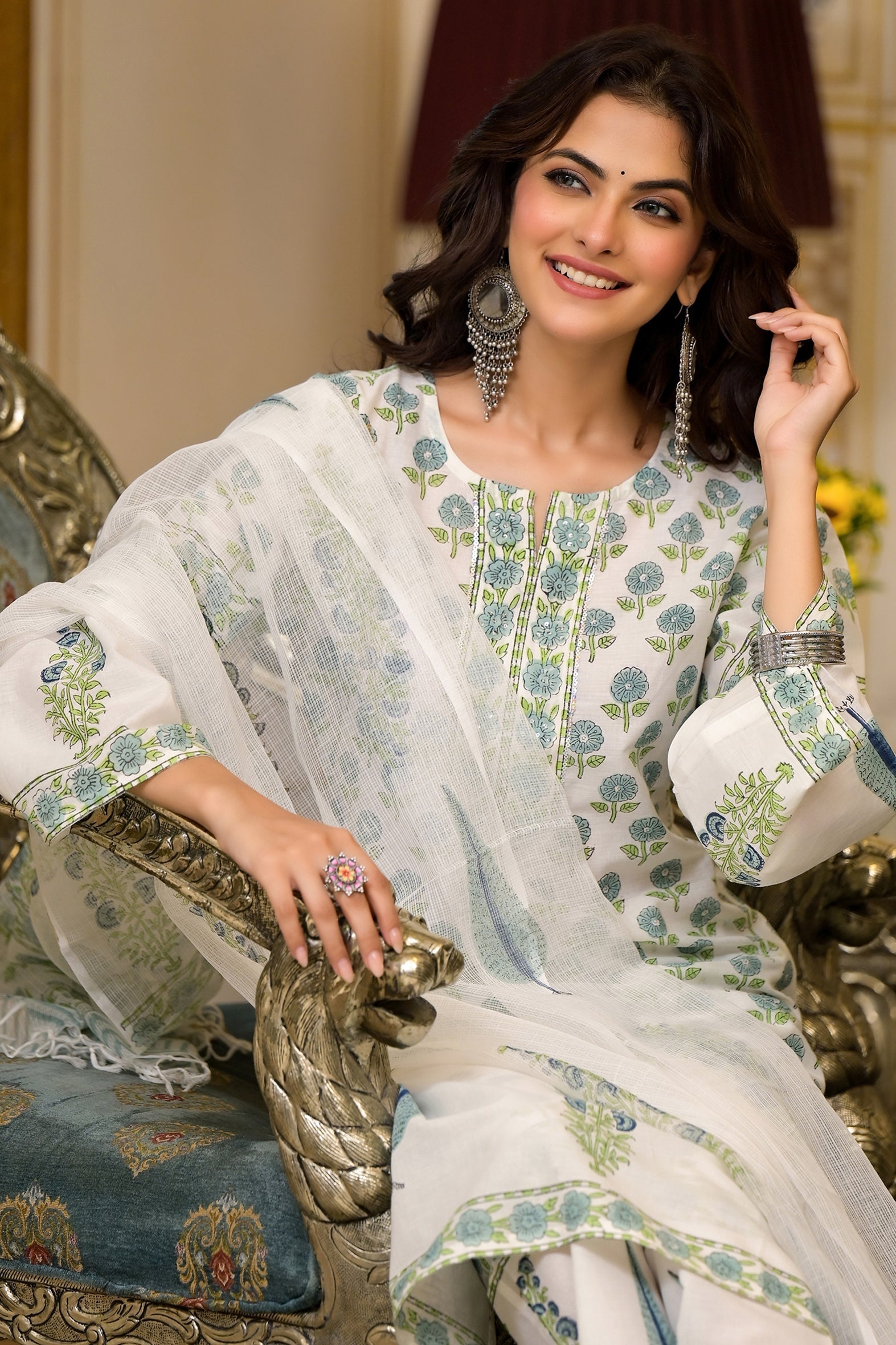 White Cotton Mughal Block Printed Kurta Pant Set With Dupatta Bada Boota