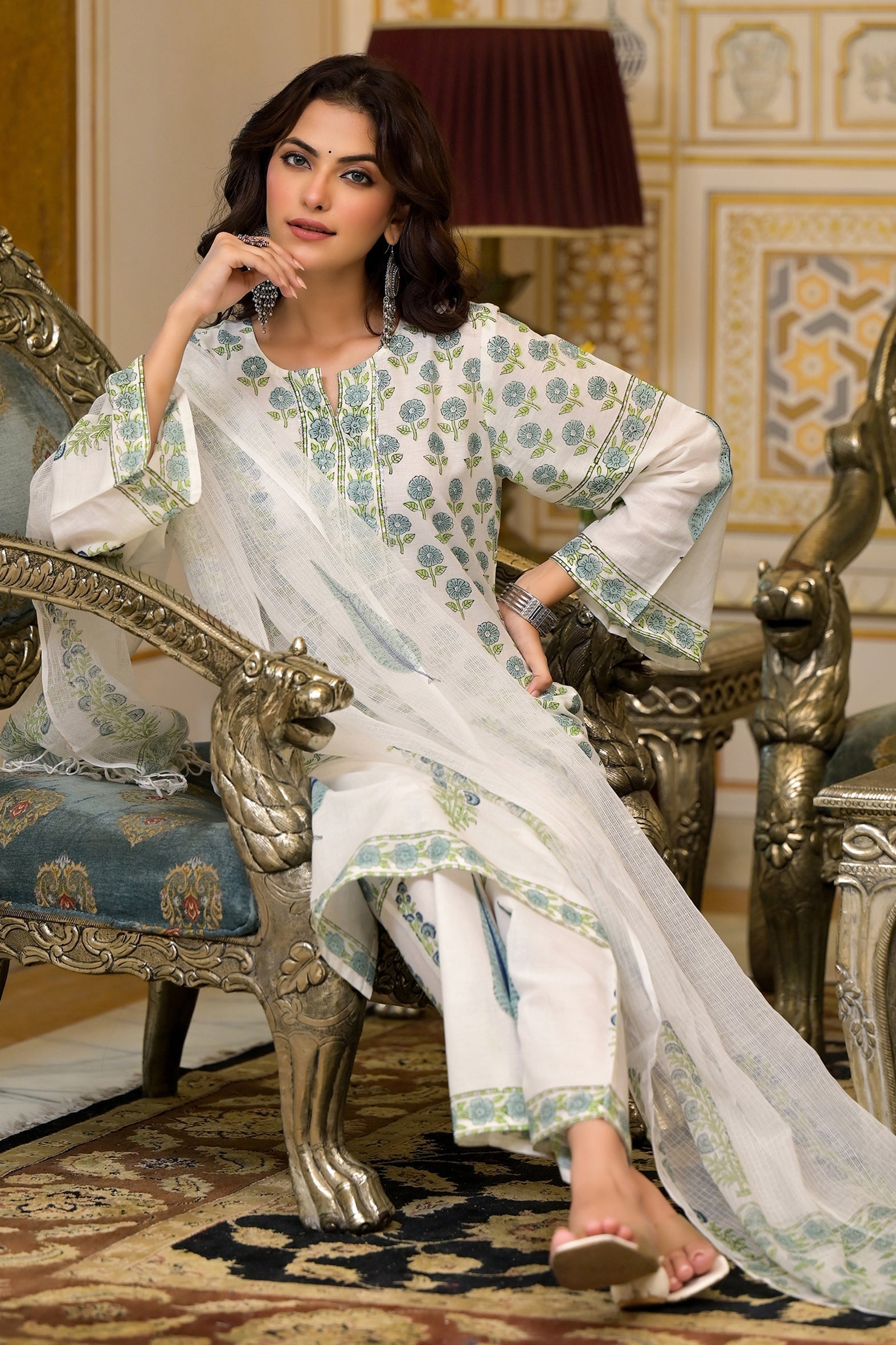 White Cotton Mughal Block Printed Kurta Pant Set With Dupatta Bada Boota