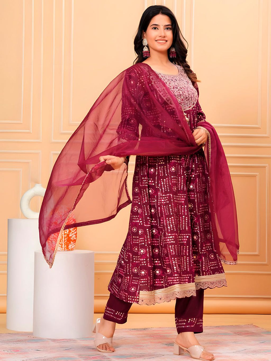 Embroidered & Bandhani Printed Kurta with pant & dupatta (Wine) Hiralal Fashion