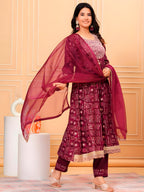 Embroidered & Bandhani Printed Kurta with pant & dupatta (Wine) Hiralal Fashion